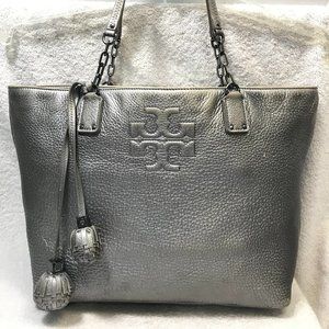 Tory Burch Thea Tassel Ball Pewter Chain Tote